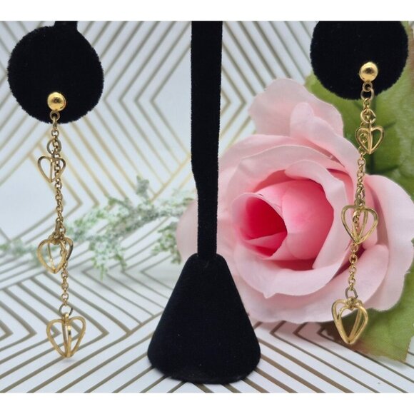 Unique Gold Tone Chain Earrings Pierced Ball Beads & Dangle 3D Hearts Valentines - Picture 3 of 7